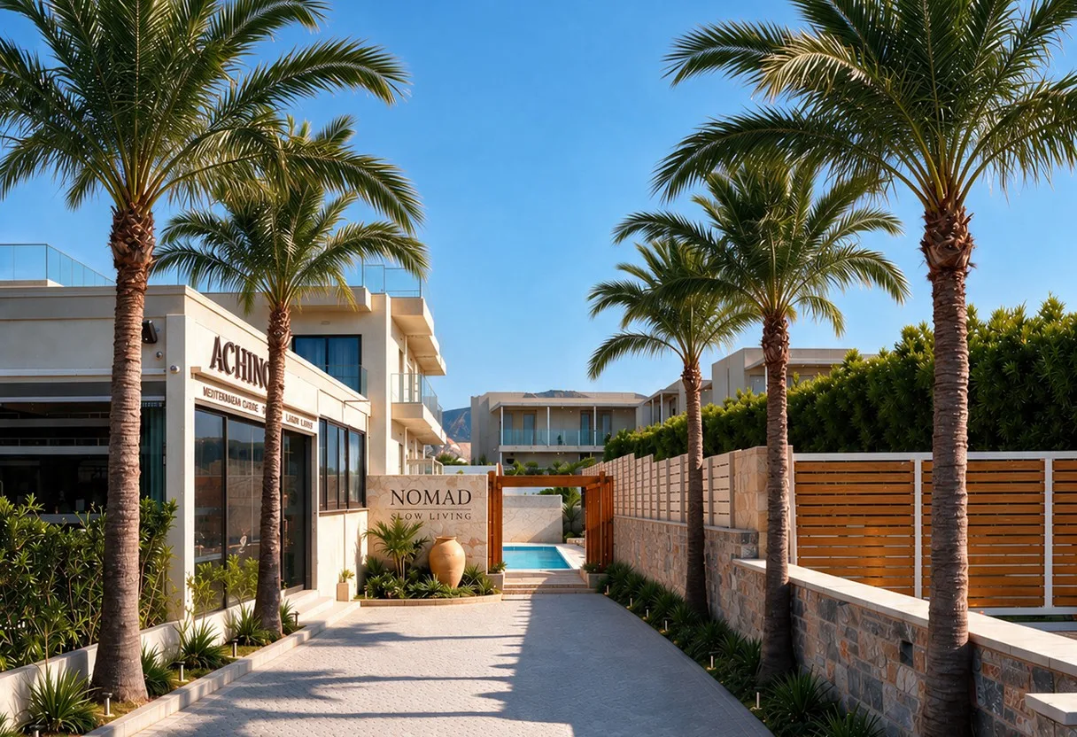 The palm-lined entrance drive with the NOMAD sign and the pool at the far end The palm-lined entrance drive with the NOMAD sign and the pool at the far end