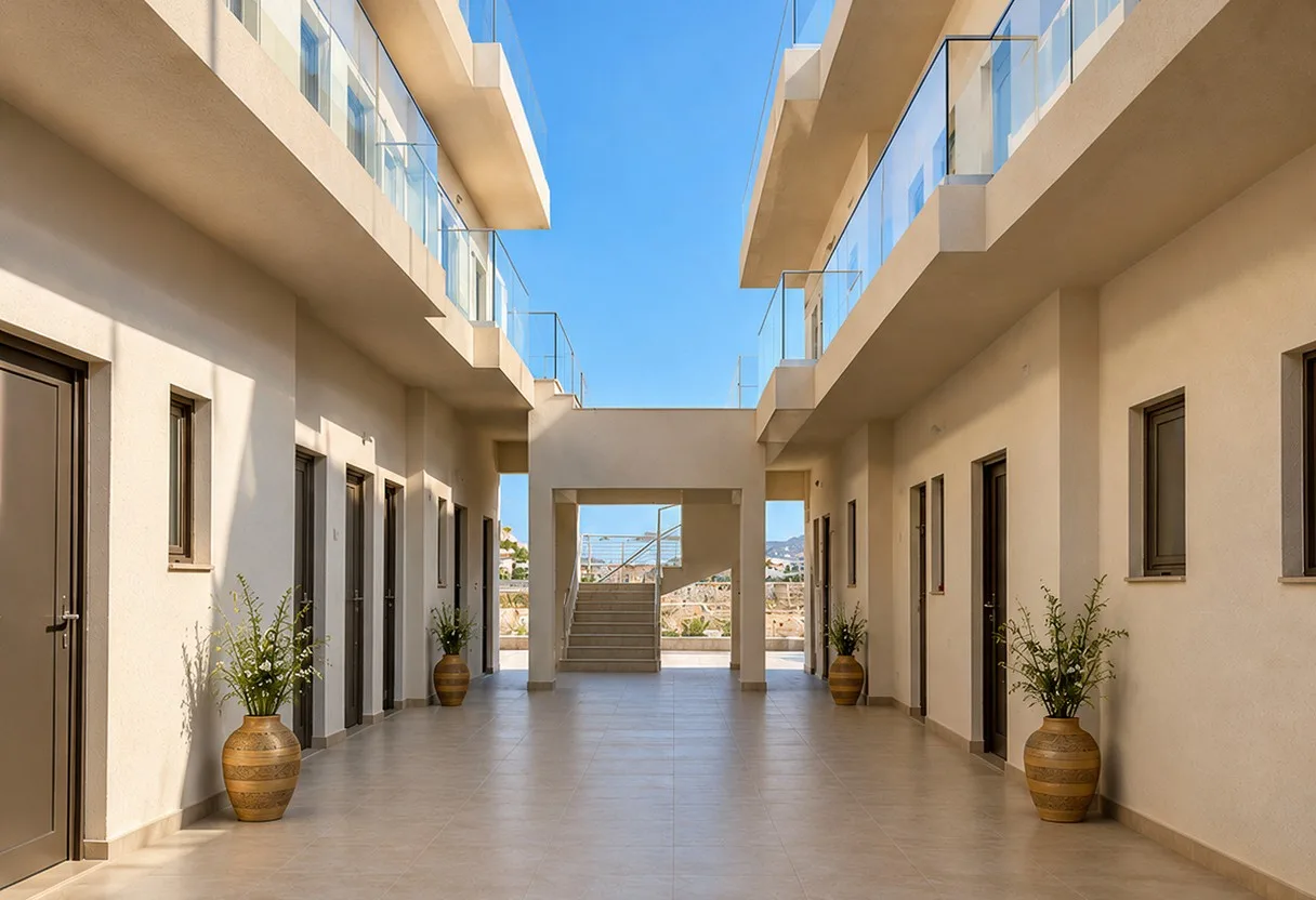 The courtyard between the two room wings, with olive trees in terracotta pots The courtyard between the two room wings, with olive trees in terracotta pots