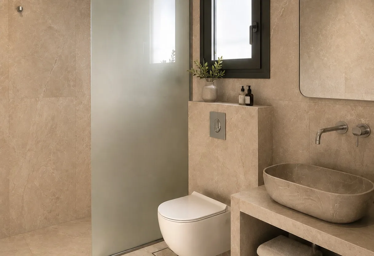 Stone-clad bathroom with a walk-in shower behind glass and a carved stone basin Stone-clad bathroom with a walk-in shower behind glass and a carved stone basin