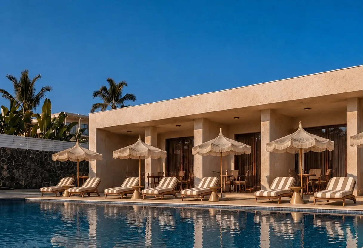 The colonnade of the room wing reflected in the pool, with parasols and loungers The colonnade of the room wing reflected in the pool, with parasols and loungers
