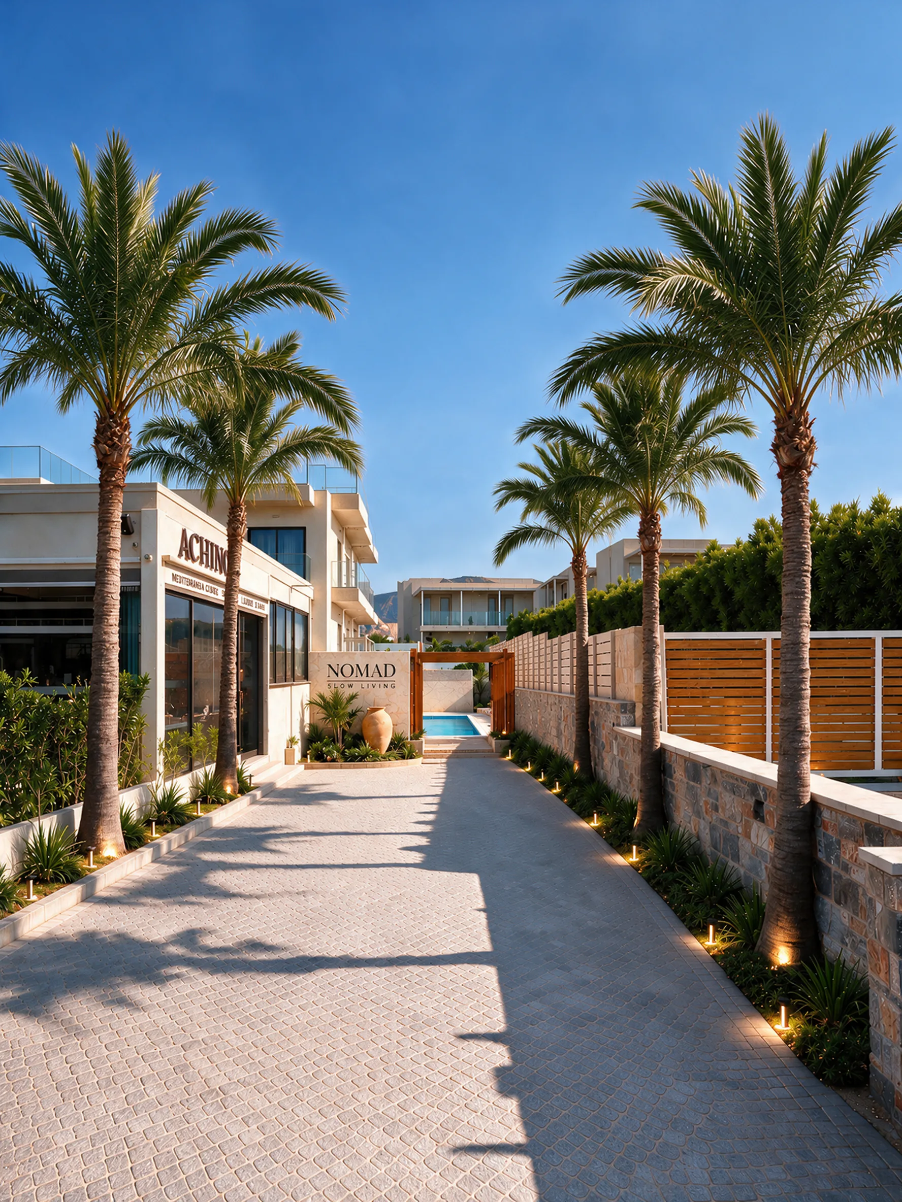 The cobbled entrance drive lined with palms, the NOMAD slow living sign and the restaurant on the left The cobbled entrance drive lined with palms, the NOMAD slow living sign and the restaurant on the left