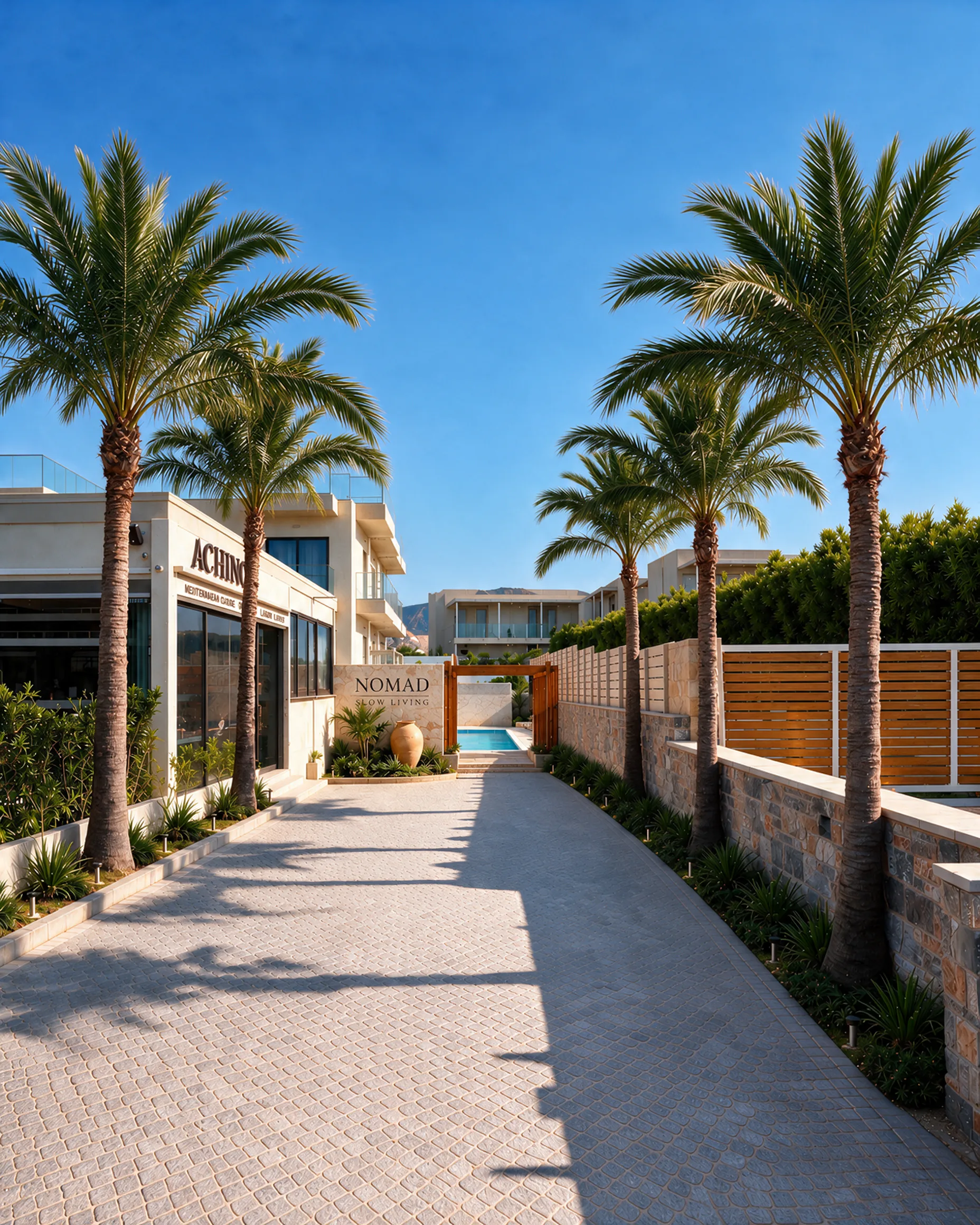 The entrance drive in the afternoon, palm shadows across the paving and the pool visible at the end