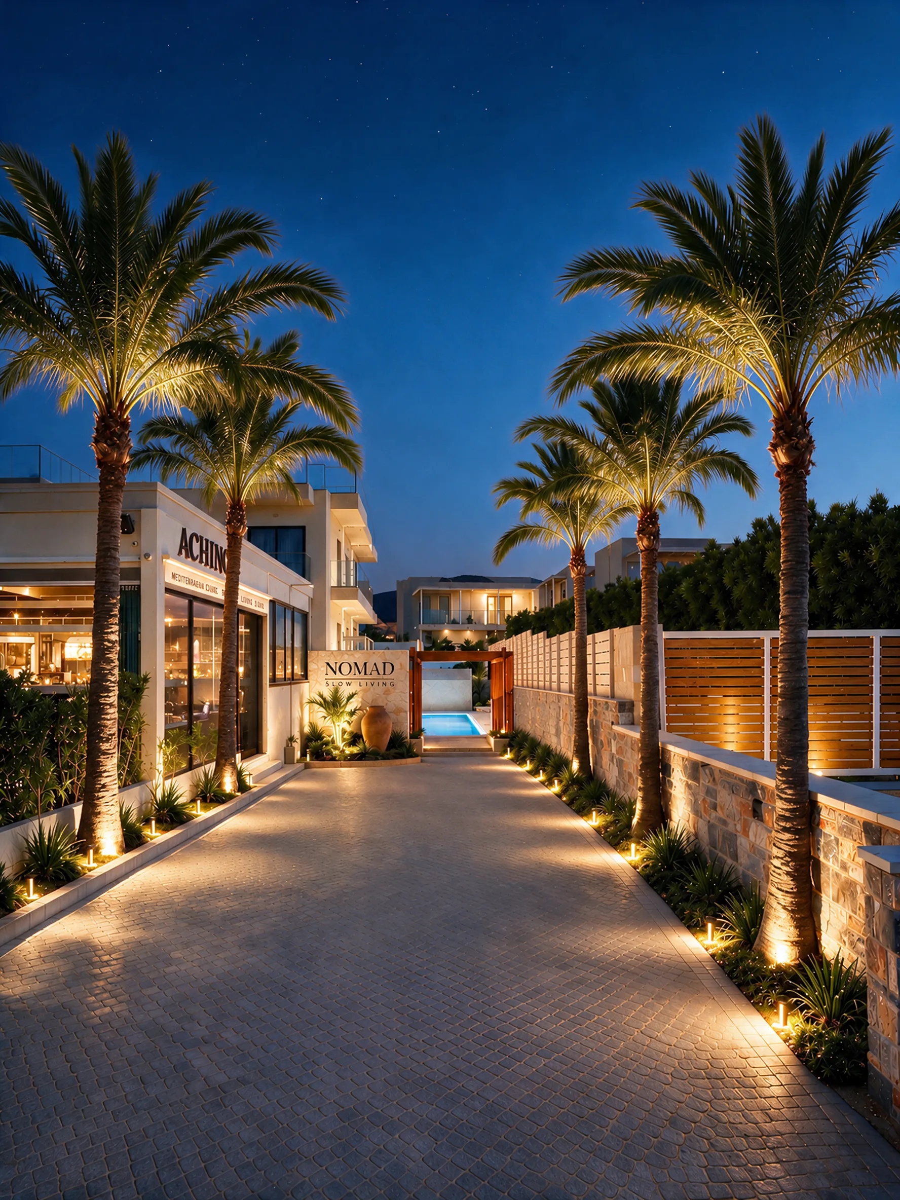 The entrance at night, palms lit from below and warm light coming from the restaurant windows