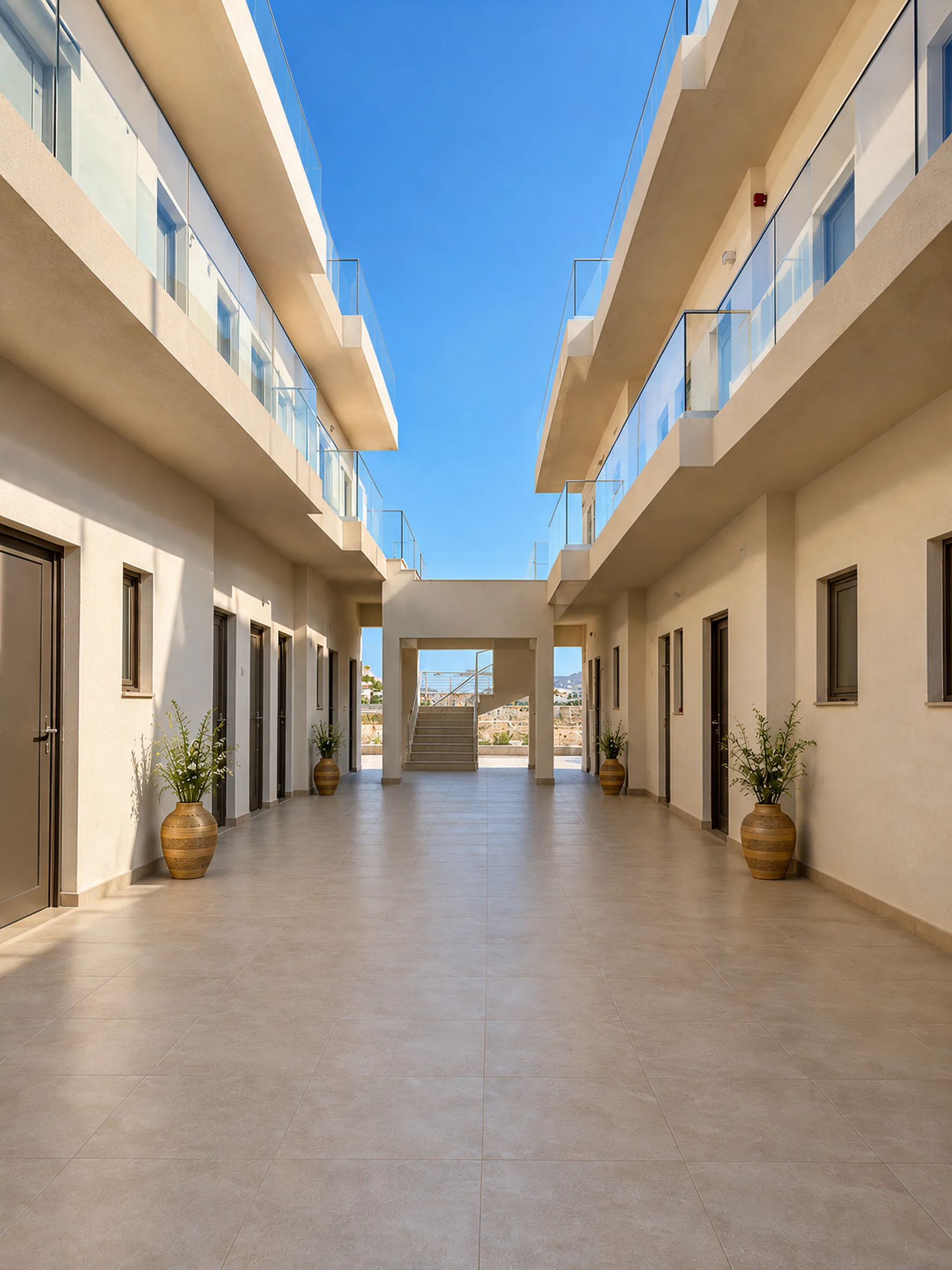 The paved courtyard between the two room wings, olive trees in terracotta pots and a stair at the far end