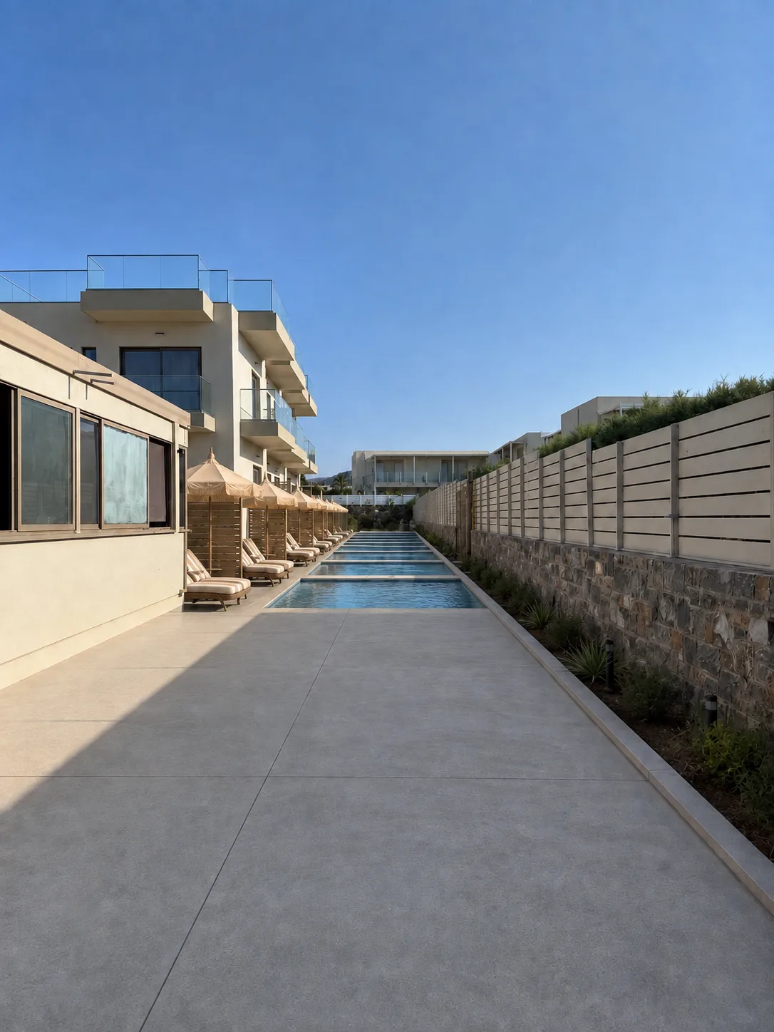 A long walkway beside the narrow lap pool, with the stone retaining wall and slatted fence on the right