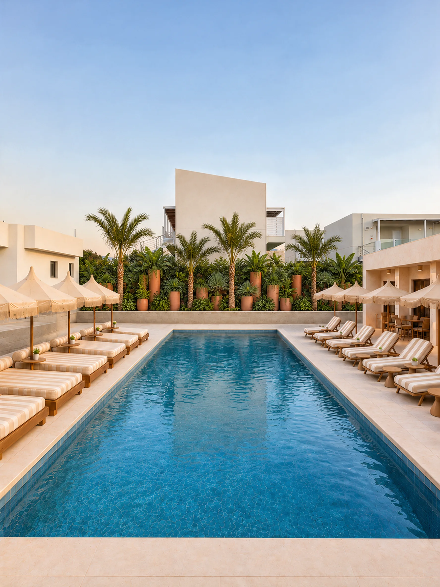 The main pool at dusk, loungers down both sides and palms in terracotta planters behind