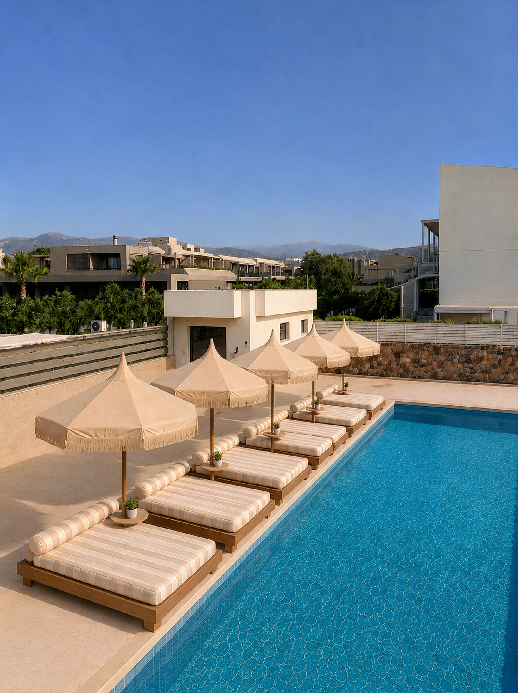 Fringed parasols and double daybeds along the edge of the pool, with the mountains behind the village