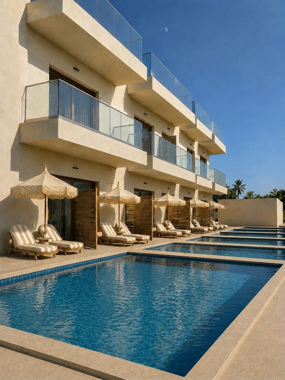 A two-storey room block with glass balconies, parasols and loungers running the length of the pool