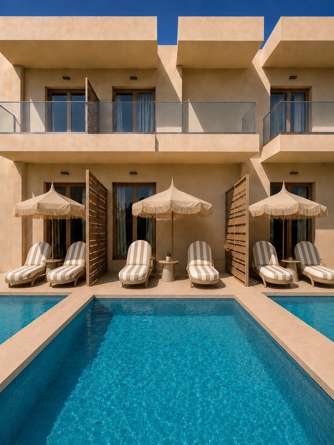 Ground-floor rooms opening straight onto the pool, striped loungers and fringed parasols between slatted screens