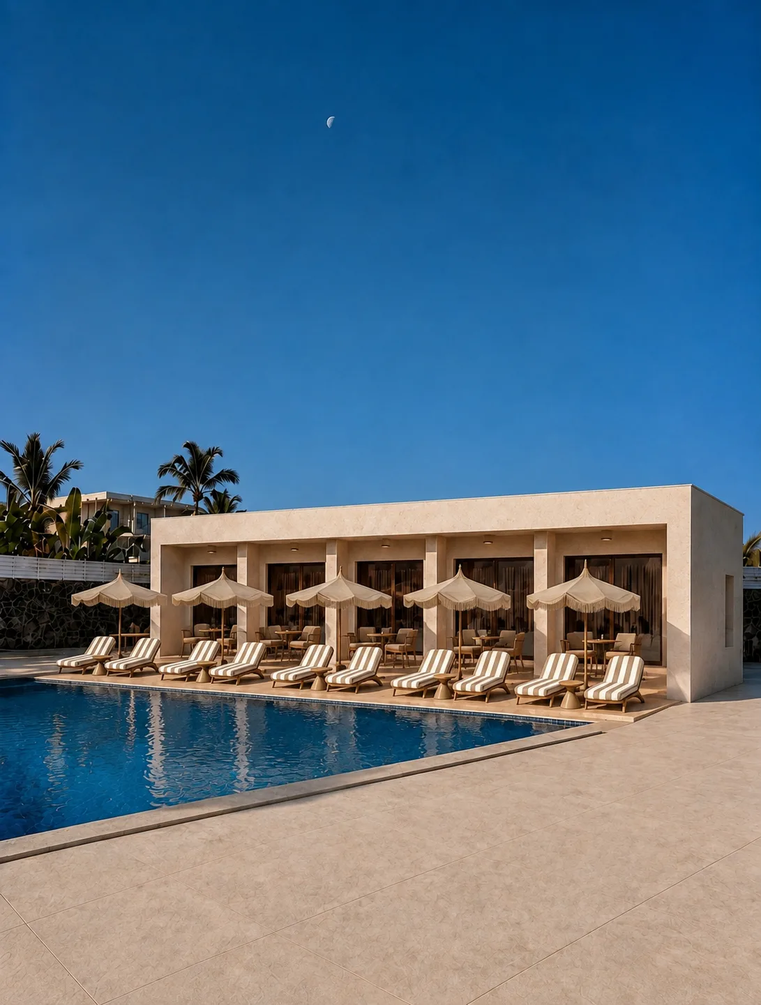 The low room wing seen across the pool, five parasols and loungers in a row under a clear sky