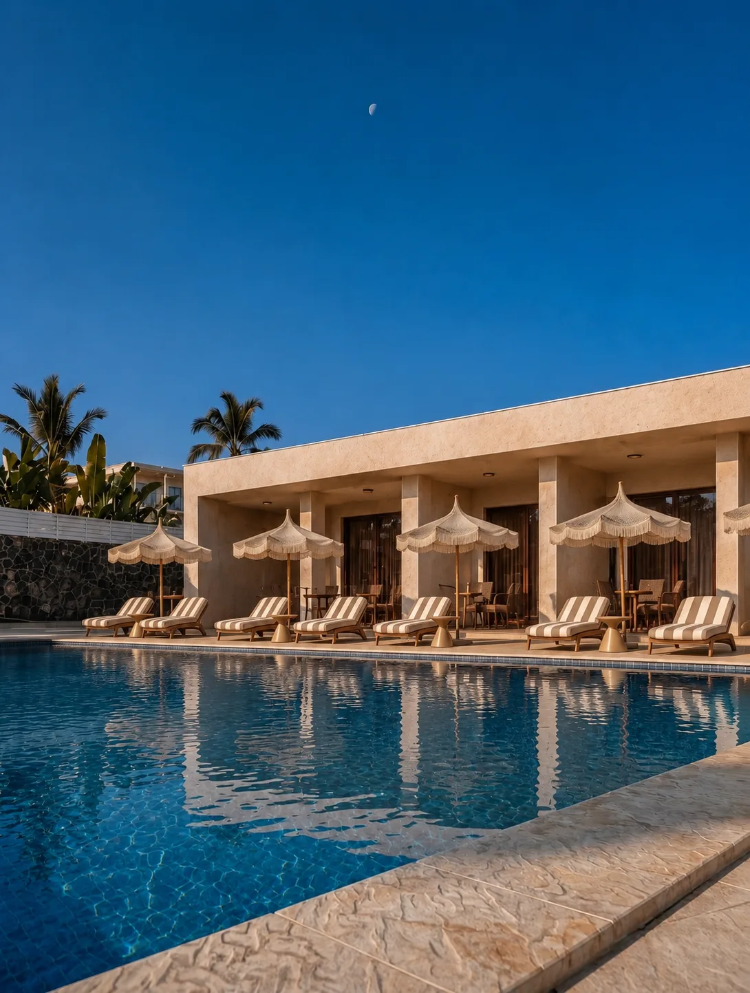 The colonnade of the room wing reflected in the pool, parasols and loungers along the water