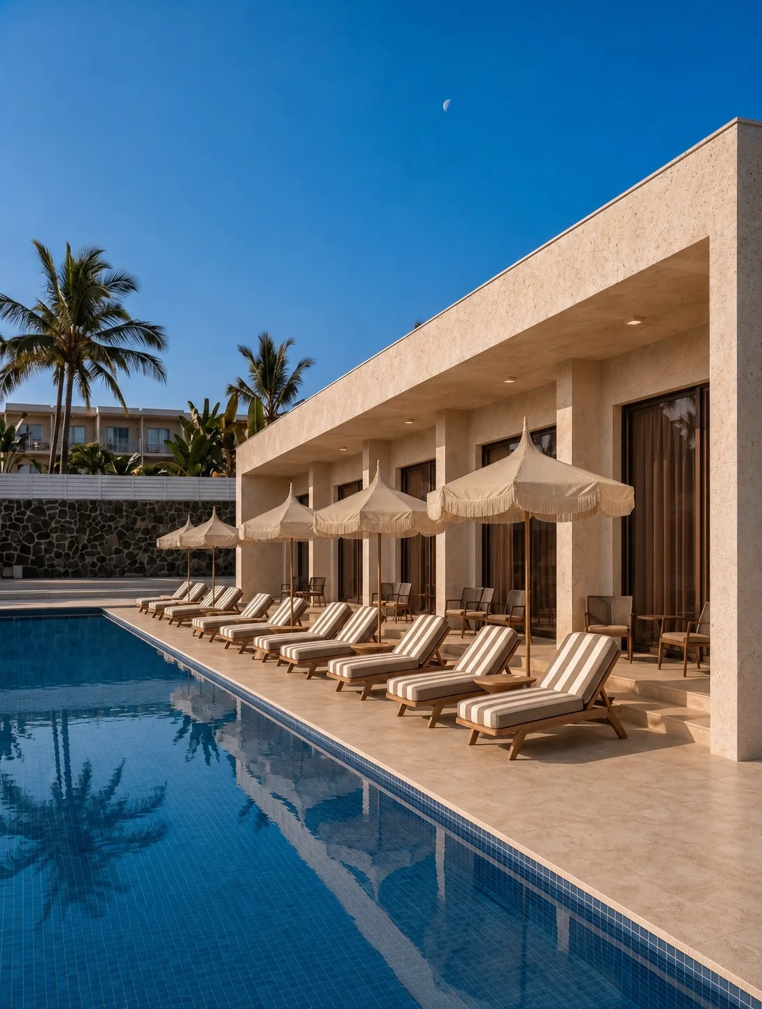 Late afternoon light on the room wing, striped loungers along the pool and palms reflected in the water