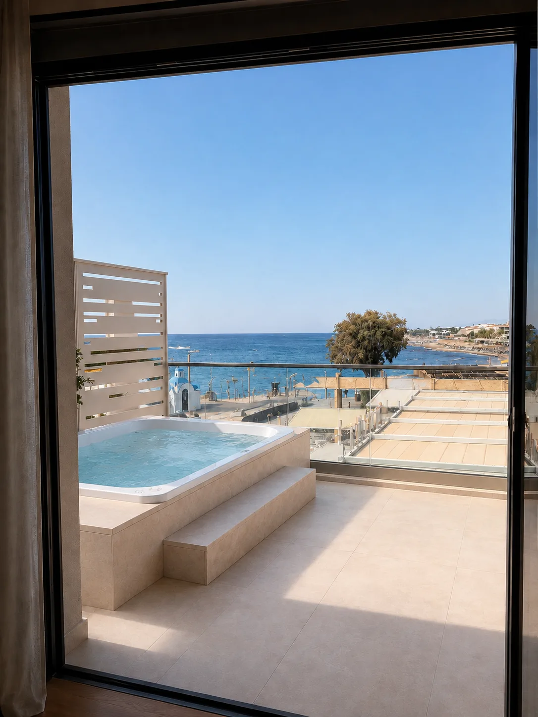 A private terrace jacuzzi seen through the sliding doors, with the sea, a small white chapel and the coastline beyond