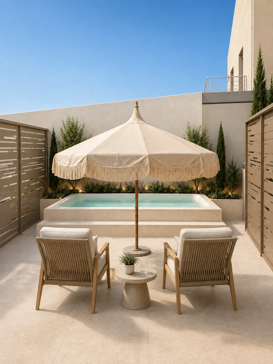 A private walled courtyard with a plunge pool, a fringed parasol, two armchairs and cypresses along the wall