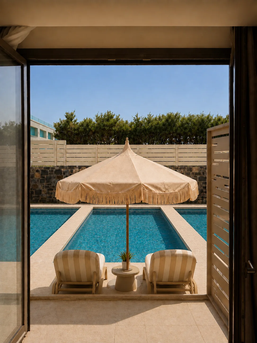 The pool framed by the open doors of a room, a fringed parasol between two striped loungers