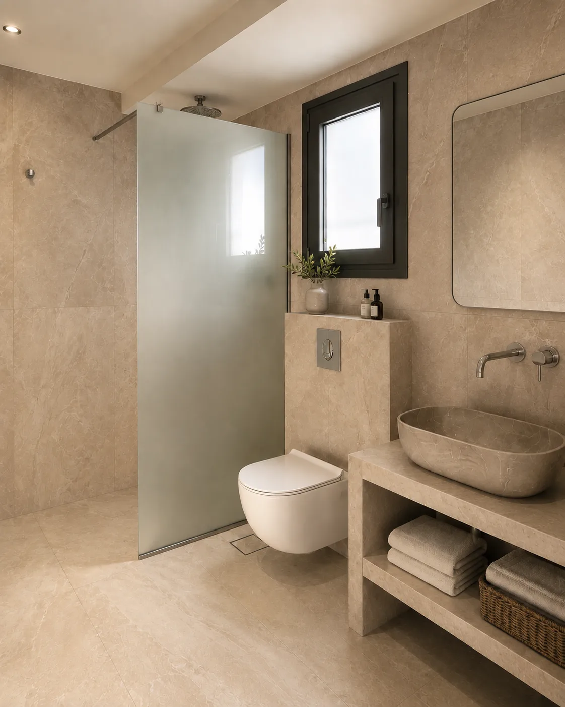 A stone-clad bathroom with a walk-in shower behind frosted glass, a carved stone basin on an open vanity and folded towels below