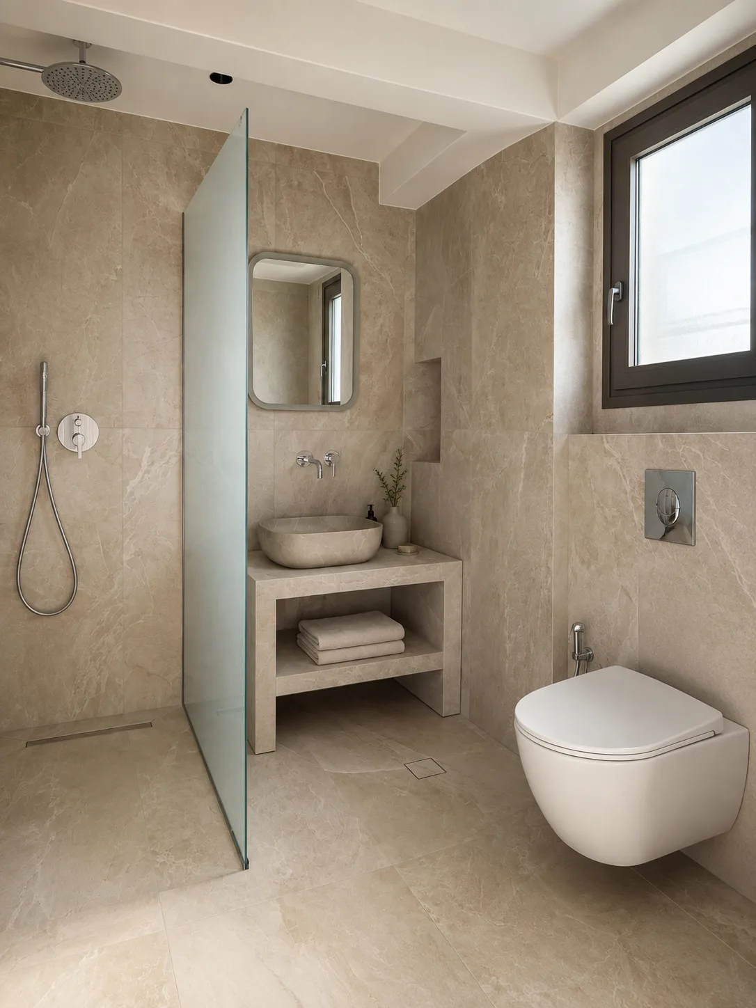 A beige stone bathroom with a rain shower behind a glass panel, a stone basin, a rounded mirror and a window above the toilet