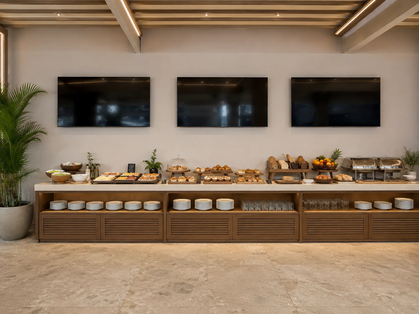 The breakfast buffet along a lit wooden counter, breads, pastries, fruit and chafing dishes, with stacked plates in the shelving below