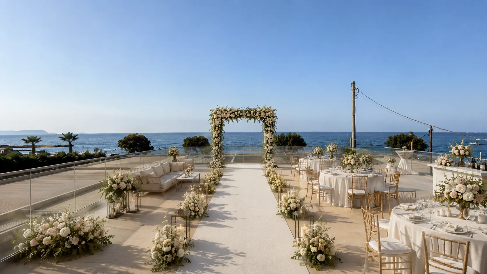 A wedding set up on the roof terrace: a flower arch at the end of the aisle, round tables with white linen and gold chairs, the sea behind