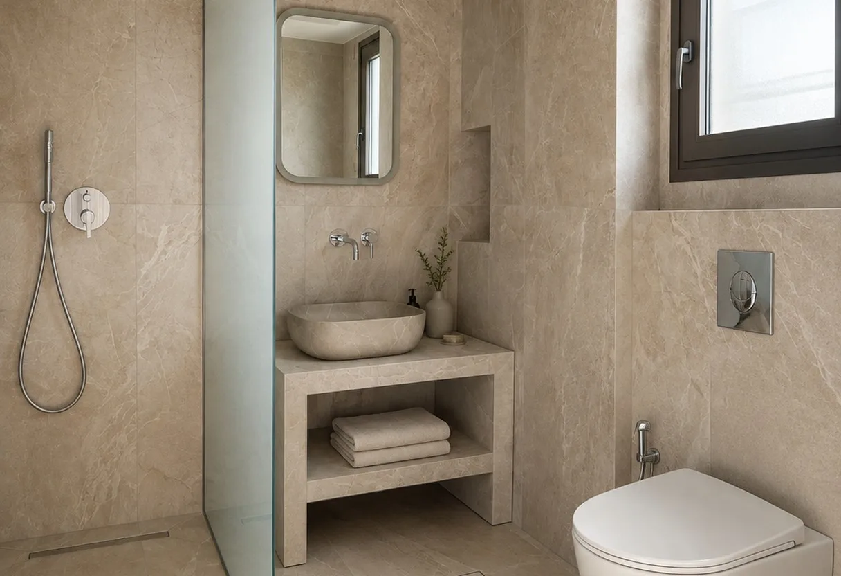 A beige stone bathroom with a rain shower behind a glass panel, a stone basin, a rounded mirror and a window above the toilet