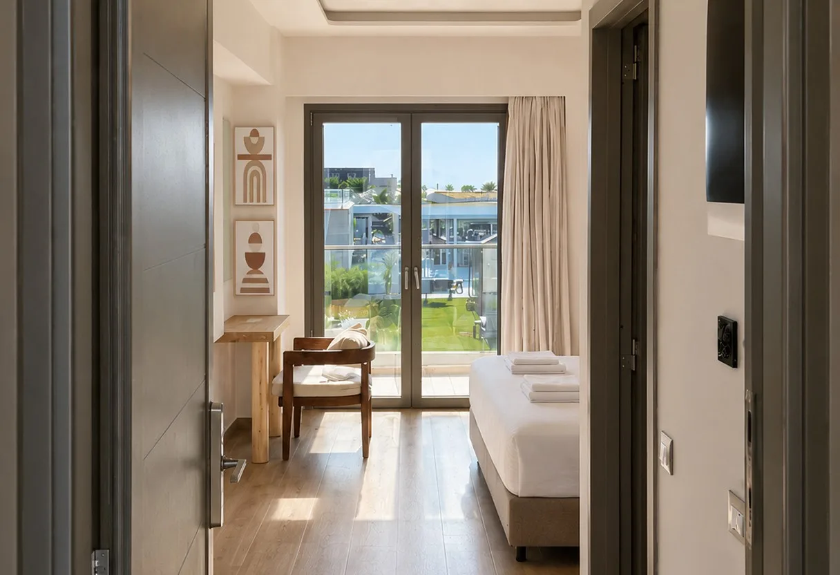 The room seen from the entrance hall, wooden floor leading past the bed to the balcony doors and the garden The room seen from the entrance hall, wooden floor leading past the bed to the balcony doors and the garden