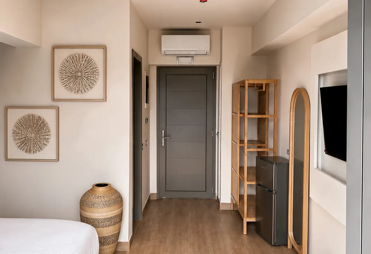 The room looking towards the door, with open wooden shelving, a mini fridge, an arched full-length mirror and a woven floor vase